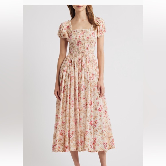 Doen Dresses & Skirts - Doen Floral Midi Dress in Cream and Pink